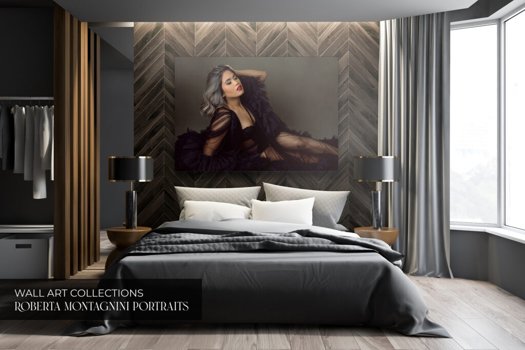 Gray and dark wooden bedroom interior, wardrobe wall art, frame, printed phots, collections, luxurious art
